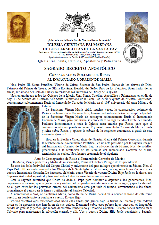 Sagrado Decreto Apostólico Consagración Solemne de Rusia al Inmaculado Corazón de María<br><br>Ver mais</a>
